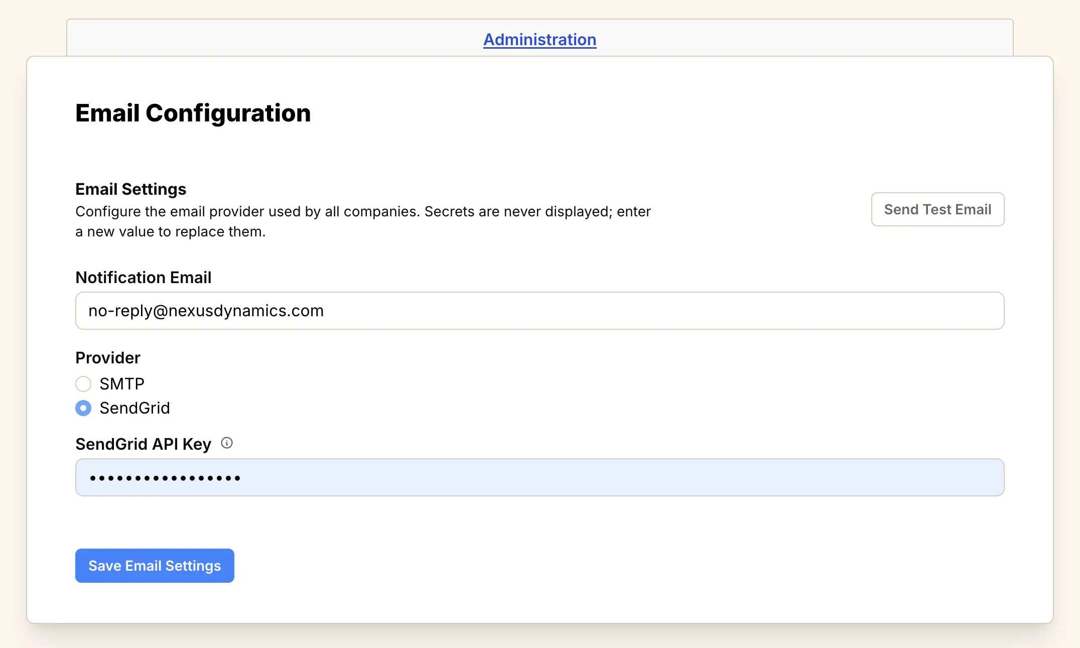 Screenshot: SendGrid Configuration