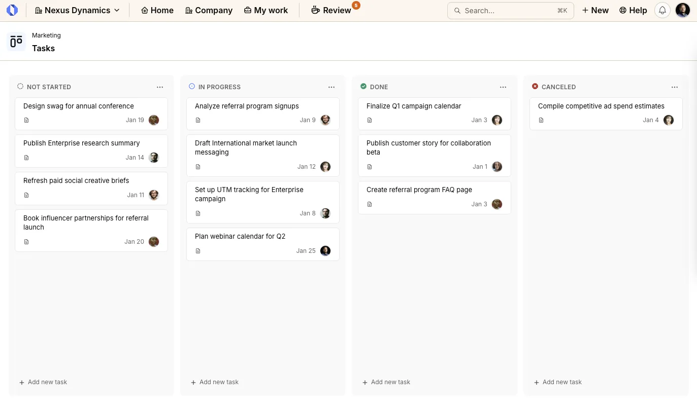 Space tasks Kanban board