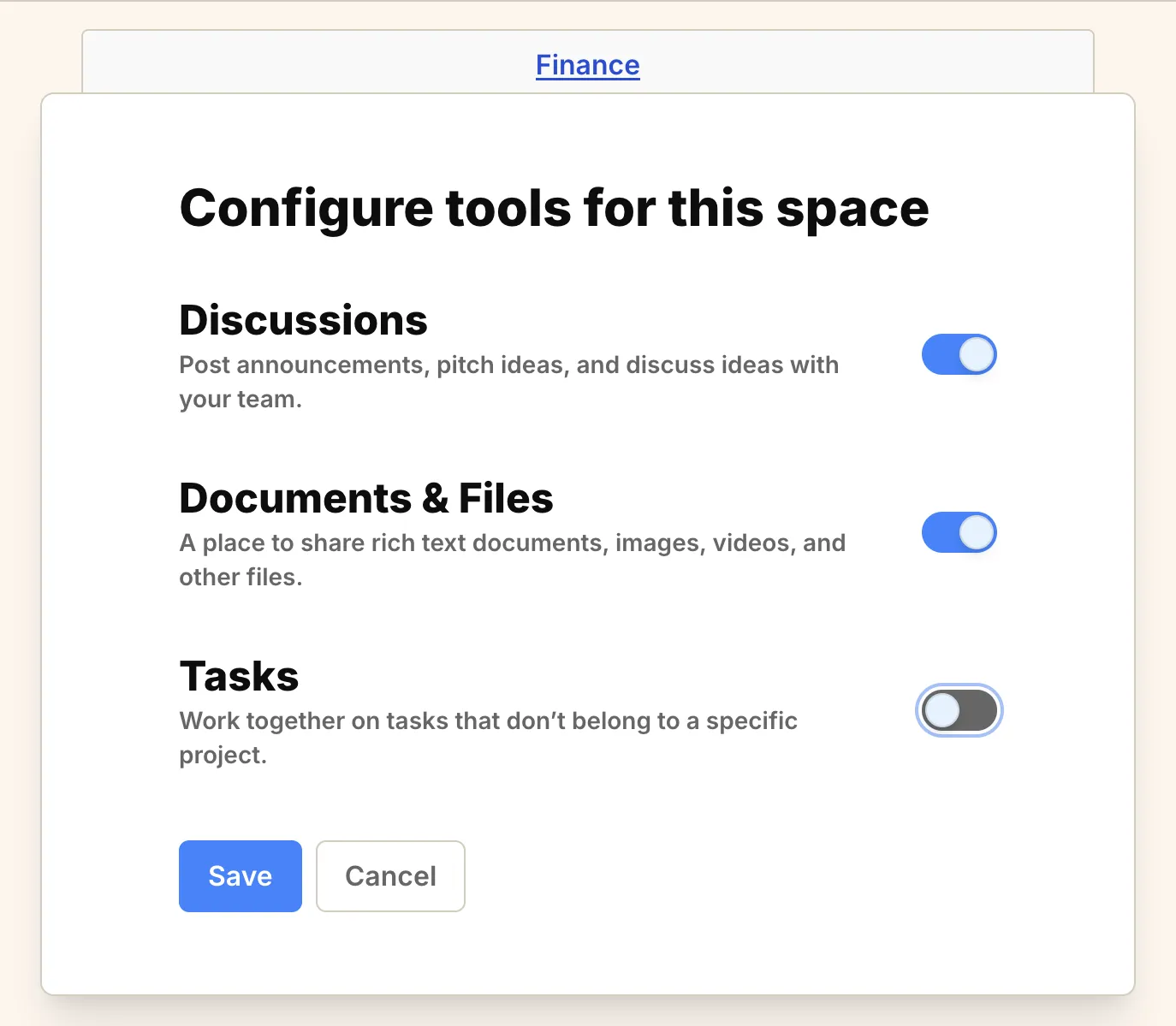 Screenshot: Space tools menu